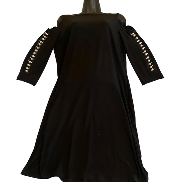Black cold shoulder Cocktail dress with pearl & rhinestone sleeves S. Levine Med - Picture 11 of 16